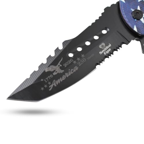 Snake Eye Tactical 8.5" Heavy Duty Folding Pocket Knife – Black Reverse Tanto Half Serrated 3CR13 Steel Blade, Printed Metal 'We the People' Constitution Handle with Pocket Clip, 250th Anniversary Edition - color: Brown & Black