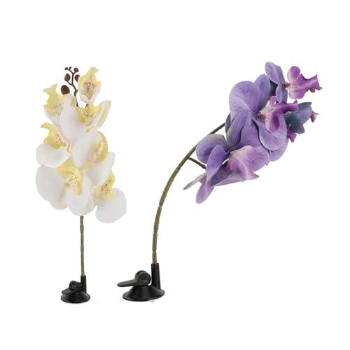 2 Pieces Artificial Terrarium Plant, Aquarium Reptile Plant with Suction Cup, Bendable Terrarium Decoration, Plant Flower for Aquarium, Lizards, Spiders, Snakes