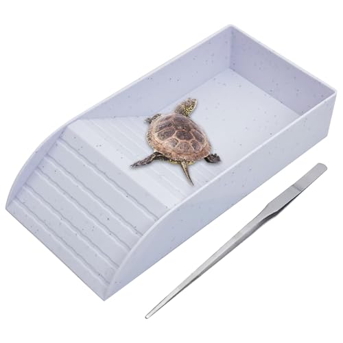 kathson Tortoise Water Dish with Ramp and Basking Platform, Reptile Water Bowl Turtle Soaking Tub Hermit Crab Bathing Pool for Amphibians Habitat Accessories (White) - color: Style 1-White, size: S:12" L x 5.9" W x 2.36" H