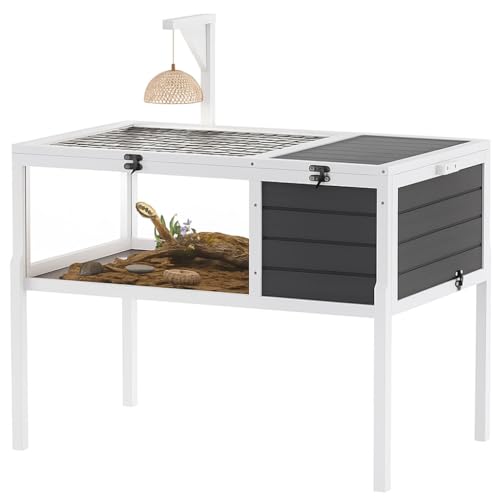 Wooden Tortoise Habitat Enclosure with Lamp Holder, Large Observation Window, Waterproof Pull-Out Tray & Detachable Legs, Indoor Outdoor Reptile Cage for Turtles, Lizards, Geckos & Small Pets