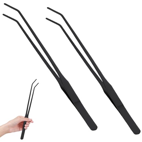 2Pcs Aquarium Tongs, 11 Inch Extra Long Stainless Steel Feeding Tongs with Curved Tip, Long Tweezers Terrarium Feeder Tool for Reptile Tank Accessories