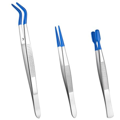 Fibraze 3 Pcs Rubber Tipped Tweezers, PVC Coated Set Long Tweezers for Crafts Straight Flat Tip Long Bent Tweezer for Crafting Stamps Beads Jewelry Blue