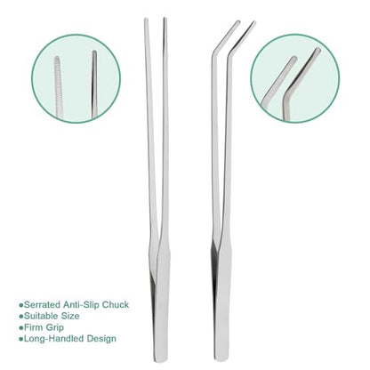Syn-zer 2PCS Stainless Steel Reptile Feeding Tongs, 10.6 inch Straight and Curved Tweezers for Aquarium, Terrarium & Crafts Bearded Dragon Snake Tank Accessories, Planted Tank Tools Feeder for Lizards - color: Silver