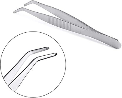 Long Forceps Tweezers, Serrated Bent Flat Tips Precision Curved Science Surgical Tongs Jewelers Needle Metal Sewing Sharp Small Kitchen Cooking Tweezers With Teeth Knurled Handles (1PCS) - color: Bent -1pcs-8inch