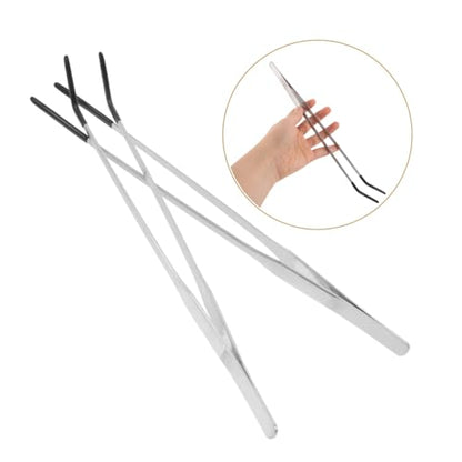 POPETPOP 2pcs Stainless Steel Aquarium Tweezers Set Straight Curved Reptile Feeding Tongs for Lizards Snakes and Aquatic Plants Durable Long Handle Tools for Easy Feeding and Plant