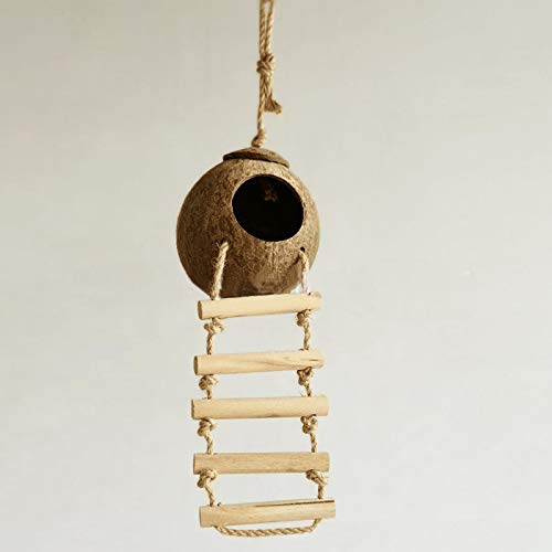 Gecko Coconut Husk Hut, Bird Hut Nesting House Hideouts with Ladder, Coco Texture Provide Food, Durable Cave Habitat with Hanging Loop for Leopard Gecko, Reptiles, Amphibians and Small Animals