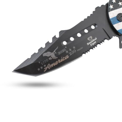 Snake Eye Tactical 8.5" Heavy Duty Folding Pocket Knife – Black Reverse Tanto Half Serrated 3CR13 Steel Blade, Printed Metal Thin Blue Line Police Flag Handle, 250th Anniversary Edition - color: Black & Blue