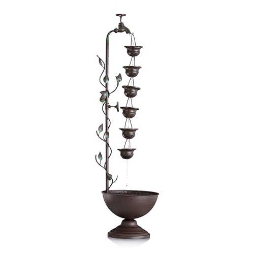 Alpine Corporation MAZ254 Outdoor Floor Tiered Vintage Water Fountain w/ 6 Hanging Cups, Soothing Tier Waterfall, 38", Bronze - color: Bronze Tiered Vintage Water Fountain