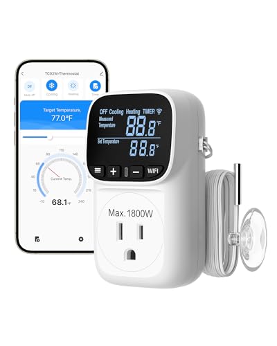 DEWENWILS Smart WiFi Temperature Controller, 15A 1800W Thermostat Controlled Outlet Plug, Bluetooth APP Remote Control, 24 Hour Schedule Timer, for Greenhouses, Incubators, Brewing, Reptiles, Garages