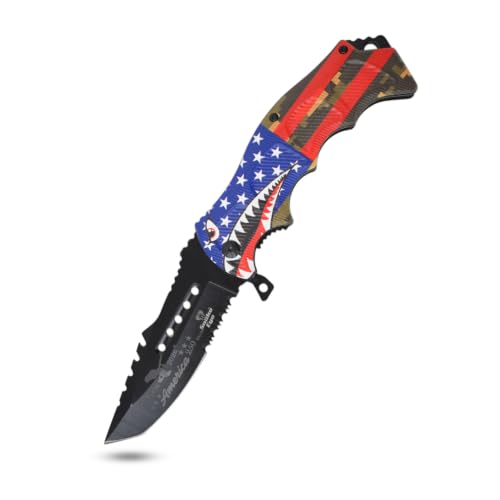 Snake Eye Tactical 8.5" Heavy Duty Folding Pocket Knife –Black Reverse Tanto Half Serrated 3CR13 Steel Blade, Printed Metal Flying Tigers Shark Mouth Camo Handle, 250th Anniversary Edition - color: Camo With Shark Mouth