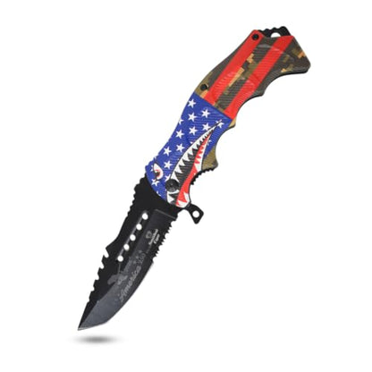 Snake Eye Tactical 8.5" Heavy Duty Folding Pocket Knife –Black Reverse Tanto Half Serrated 3CR13 Steel Blade, Printed Metal Flying Tigers Shark Mouth Camo Handle, 250th Anniversary Edition - color: Camo With Shark Mouth