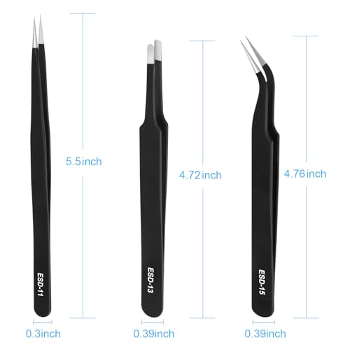 3PCS Precision Tweezers Set, Upgraded ESD high-end anti-static for Craft, Electronics, Soldering, Laboratory Work, Soldering, Model, Eyelash Extensions, Nail stickers, Jewelry-Making