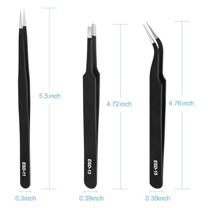 3PCS Precision Tweezers Set, Upgraded ESD high-end anti-static for Craft, Electronics, Soldering, Laboratory Work, Soldering, Model, Eyelash Extensions, Nail stickers, Jewelry-Making