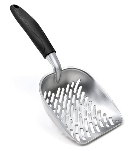 Cat Litter Scoop, Large Long Handle Kitty Metal Scooper, Heavy Duty Aluminum Deep Sifter, Ergonomic Non-Slip Grip, Rustproof Durable Poop Cleaner for Cat Litter Box - color: Black, size: Large