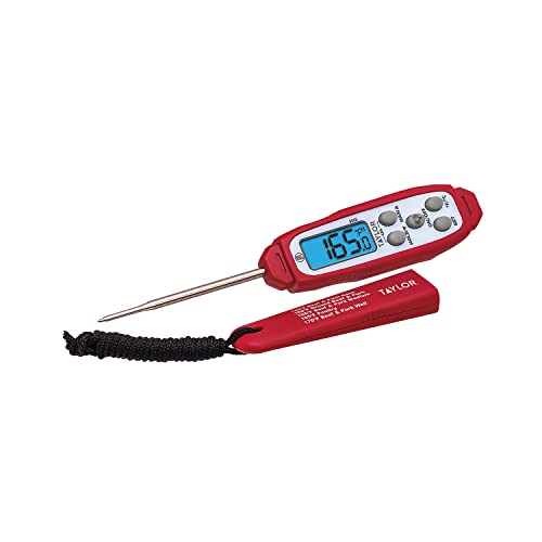 Taylor Digital Instant Read Meat Thermometer for GLP-1 High Protein Meal Prep – Waterproof Kitchen Probe for Chicken, Steak, Lean Cuts, Grill, BBQ – Fast Temperature Check, Blue Backlight Display, Red - color: Red