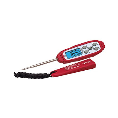 Taylor Digital Instant Read Meat Thermometer for GLP-1 High Protein Meal Prep – Waterproof Kitchen Probe for Chicken, Steak, Lean Cuts, Grill, BBQ – Fast Temperature Check, Blue Backlight Display, Red - color: Red