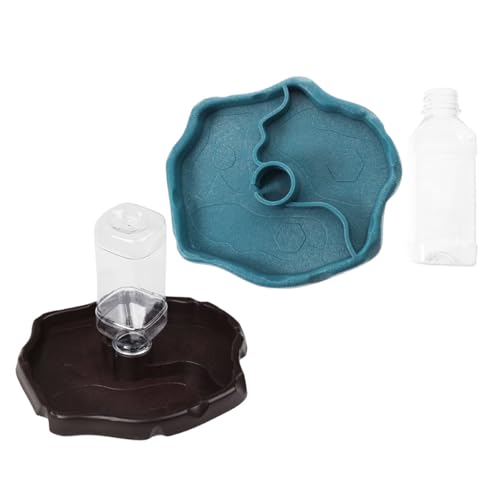 Kisangel Automatic Reptile Water Dish and Feeding Bowl, Lake Blue and Dark Coffee Plastic Water Dispenser with Reservoir for Tortoise, Lizard, and Turtle Terrariums