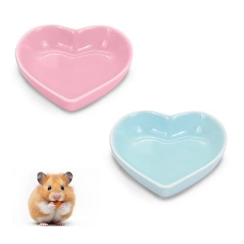 Ceramic Hamster Food Bowl, 1.2oz Durable Heart Hamster Water Dish for Hamsters/Birds/Snakes/Turtle, Easy to Wash and Prevent Tipping (Pink+Blue, 2pcs) - color: Pink+Blue, size: 2pcs