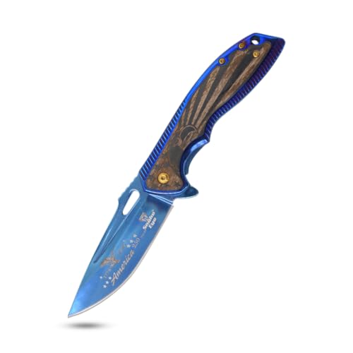 Snake Eye Tactical 8.25" Heavy Duty Folding Pocket Knife – Metallic Blue 3CR13 Steel Blade, Blue Metal & Laser Etched Eagle Wood Handle with Pocket Clip, 250th Anniversary Edition - color: Blue Eagle