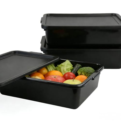 Pack of 3 Food Service Bus/Utility Tote Box with Lid, Plastic Restaurant Dish Tub, 13 L, Black