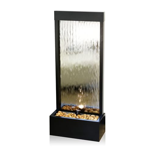 Alpine Corporation - Mirror Waterfall Fountain with Stones & Lights - Zen Indoor/Outdoor Decor for Office, Living Room, Patio, Entryway - 48 Inches (Silver) | 48-Inch Wall Fountain, Bronze Frame Mirror Design, Warm White LED & Pump, River Stones Included,
