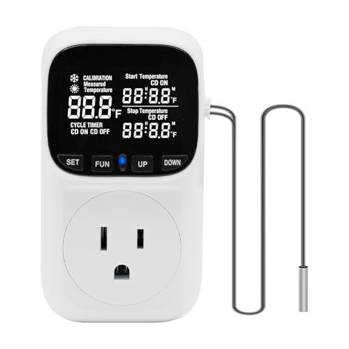Digital Thermostat Outlet , 15A 1800W Digital Temperature Controller Plug in Heating Cooling Control Timer -40℉-210℉,for Greenhouse, Incubation, Homebrewing（Black LCD）
