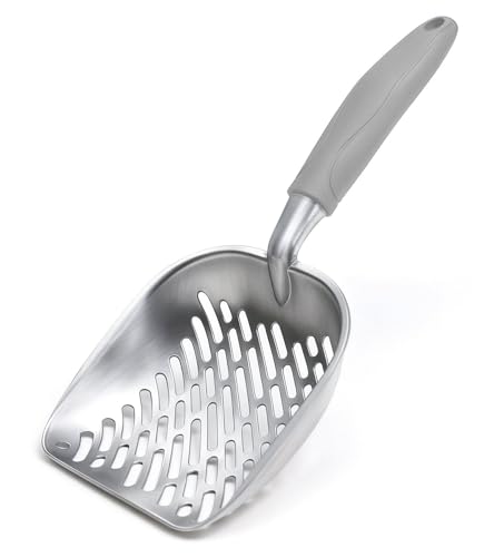 Cat Litter Scoop, Kitty Metal Scooper, Heavy Duty Aluminum Deep Sifter with Long Handle, Rustproof Durable Kitten Poop Shovel for Travel & Small Litter Box - color: Gray, size: Medium