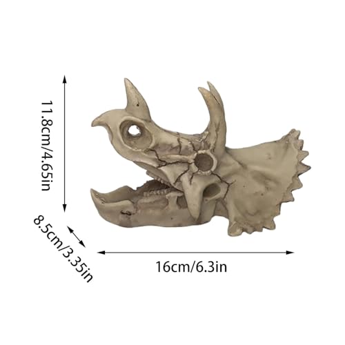 6 Inch Realistic Dinosaur Skull Aquarium Decor - Triceratops Resin Decor with Hideout Holes for Fish Tanks, Reptile Terrariums & Aquatic Habitats, Safe Underwater & Dry Habitat Ornament (A)