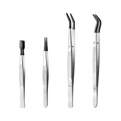 4 Pcs Stainless Steel Tweezers with Rubber Tips Precision Flat Bent Tip Tweezers Jewelry Making Tools Reptile Feeding Accessories for Lab Work