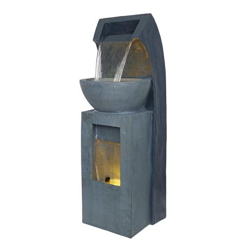 Alpine Corporation 41" Tall Outdoor Basin Waterfall Floor Fountain with LED Lights for Garden, Patio, Lawn and Backyard Decor, Gray - style: 41"H - Basin Fountain w/ LEDs
