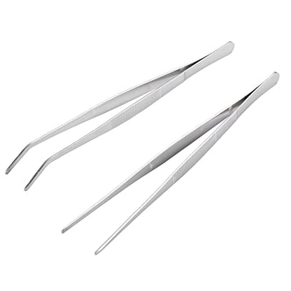 Miupoo Long Handle Stainless Steel Paint Straight and Curved Tweezers Nippers,Extra Long Precision Craft Tweezers Set with Serrated Tips,Silver,2 pieces,9.8Inches