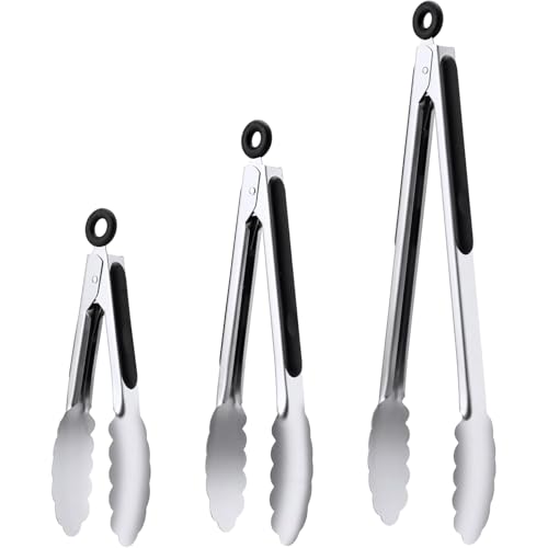 Stainless Steel Tongs Set, Food Grade Stainless Steel Kitchen Tongs, Heat Resistant 600 Degrees, for Cooking, BBQ Barbecue, Grilling, Buffet, Serving (7"+9"+12") | For Cooking/Serving/Grilling | Heat-Resistant | Dishwasher Safe - size: 7"+9"+12"