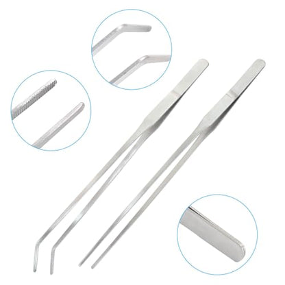 2PCS Stainless Steel Reptile Feeding Tongs, Long Tweezers Aquarium Terrarium Feeder Tools for Reptiles, Lizards, Snakes (Straight and Curved)