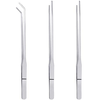 3 Pcs Aquarium Tweezers, Stainless Steel Feeding Tongs Straight and Curved Tweezers Set Long Handle Reptile Feeding Tongs for Aquatic Plants Lizards Spider Snakes