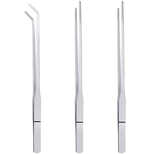 3 Pcs Aquarium Tweezers, Stainless Steel Feeding Tongs Straight and Curved Tweezers Set Long Handle Reptile Feeding Tongs for Aquatic Plants Lizards Spider Snakes