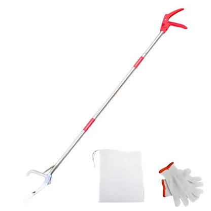 Snake Grabber Tool with Gloves and Bag, 50 in 127 cm Folding Stainless Steel Snake Tongs, Extra Long Reptile Catcher with Four-Toothed Jaws, Protective Handling Set