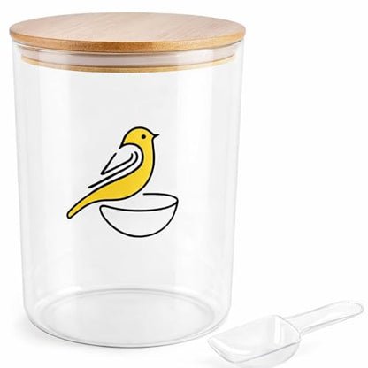 108 oz Bird Seed Storage Container,Circle Glass Bird Food Container with Airtight Wood Lid,Pet Food Storing with Birds Seed Scoop,for Wild Small Birds Food Storage,Birdfeed,Nuts(Clear)
