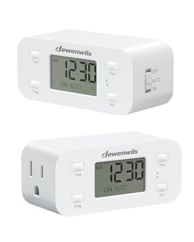 DEWENWILS 24 Hour Programmable Digital Timer Outlet, 2 Pack Timers for Electrical Outlets, Light Timer for Indoor Lamp Fan Aquarium, 1 Grounded Outlet, 125V/15A/1000W, 3 Prong, 1/2 HP,White - style: White-2PK