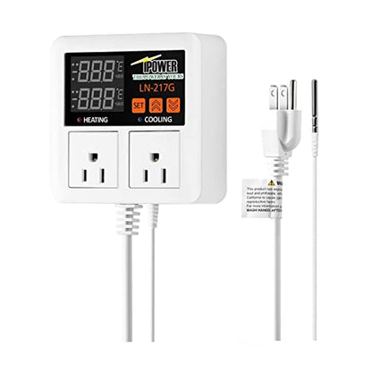 iPower Digital Temperature Controller, 1200W 10A Dual Outlet Thermostat Plug, 2-Stage Heating/Cooling Mode, for Seed Germination, Reptiles, Brewing Breeding, Fermenter Greenhouse