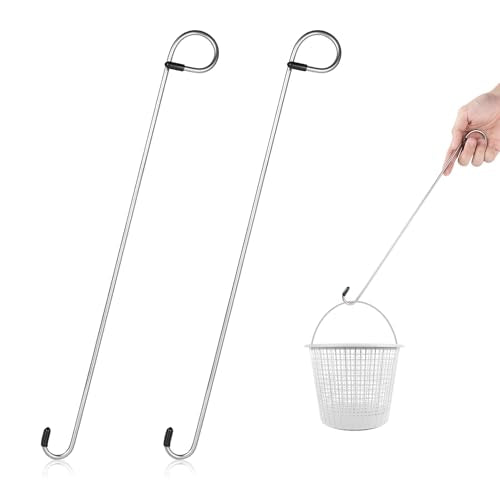 lasuroa 2pcs Swim Skimmer Basket Hook, 13.78in Long Stainless Steel Skimmer Basket Extension Handle Skimmer Lid Lifting Debris Removal Tool for Pool Maintenance Knee Saver & Hand Clean