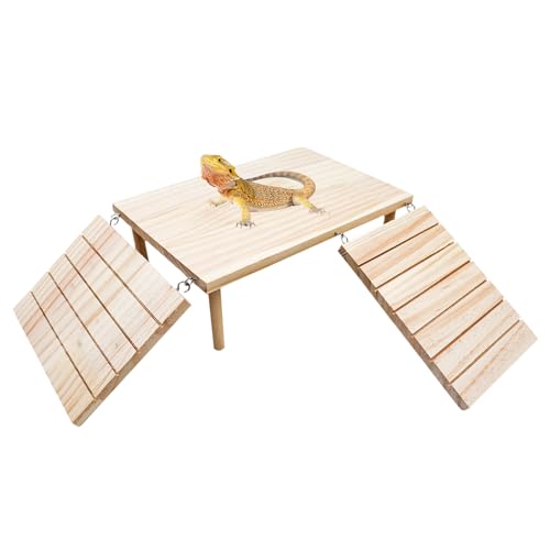 Oooct Bearded Dragon Basking Platform, Wooden Reptile Cave Hideout with Climbing Ramp, Aquariums & Terrariums Accessories for Bearded Dragons Leopard Geckos Lizards Turtles Hamsters - color: Wood