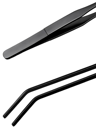 2-Pack Aquarium Tweezers, Stainless Steel Straight and Curved Tweezers Set, Long Handle Reptile Feeding Tongs for Aquatic Plants Lizards Spider Snakes Garden Repairing - 10-3/5inch, Black
