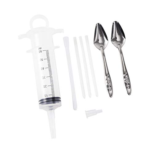 60ML Baby Bird Parrot Feeding Tubes, Liquid Medicine Feeder Push-Tube Pet Cat Dog Feeder with 2 Pcs Stainless Steel Metal Feeding Spoon - size: 60ML