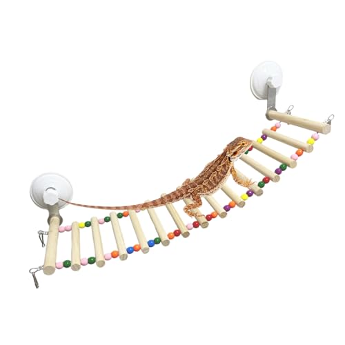 Bearded Dragon Tank Accessories, Wooden Ladder Hammock with Suction Cups for Terrarium, Habitat Climbing Accessories for Bearded Dragon, Gecko, Snake and Other Small Reptile