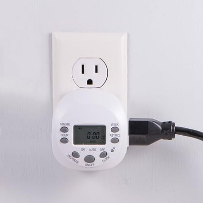 GE 7-Day Programmable Indoor Digital Timer, 1 Grounded Outlet, Weekly / 7 Day Cycle Plug for Electrical Outlets, 125 VAC Light, Plug, Lamp, White, 1 Pack, 15150