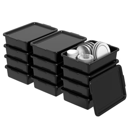12 Pack Commercial Bus Tub, 13 Liter Plastic Bus Trays with Lids, Black