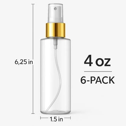 Bar5F Fine Mist Spray Bottle 4-Ounce Crystal-Clear and Firm BPA-Free Gold Misting Cap 6-Pack
