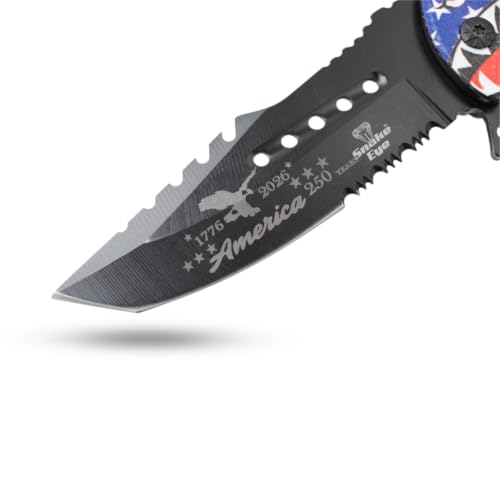 Snake Eye Tactical 8.5" Heavy Duty Folding Pocket Knife –Black Reverse Tanto Half Serrated 3CR13 Steel Blade, Printed Metal Flying Tigers Shark Mouth Camo Handle, 250th Anniversary Edition - color: Camo With Shark Mouth