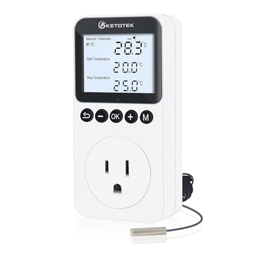 KETOTEK Plug in Thermostat Timer Temperature Controller Outlet with Backlight, Day/Night Thermostat Outlet Plug with Sensor for Reptile Terrarium Greenhouse, Digital Heating Cooling Temperature Switch - style: KT3200proBL with Backlit