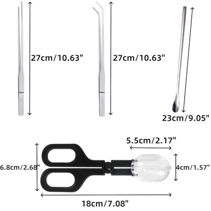Stainless Steel Reptile Feeding Kit - Tweezers, Spoon, Clamp & Storage Bag - Long Handle Terrarium Feeding Tool for Lizards, Geckos, Spiders & Snakes